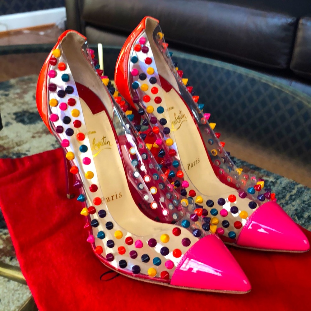 Christian Louboutin- Spike Me 100 Patent/PVC (Version Pinky) 8.5 US / 38.5 EU